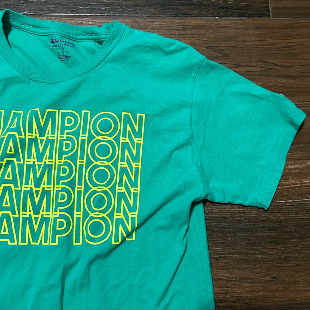 Champion Men’s Short Sleeve‎ Medium Shirt Green with Neon Green Letters - Picture 5 of 10